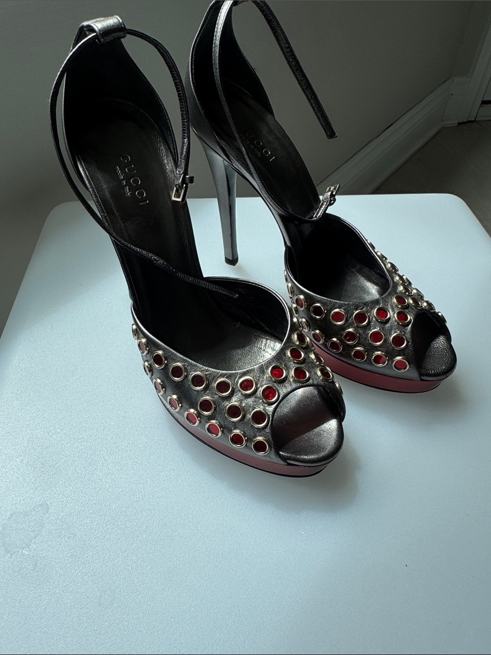 Gucci Black Leather Peep-Toe Heels with Red Stud Detailing worn once